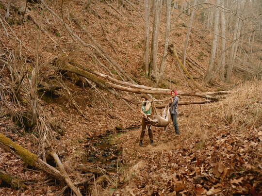 A color photograph of two people in the woods holding a dead deer on a stick between their shoulders.