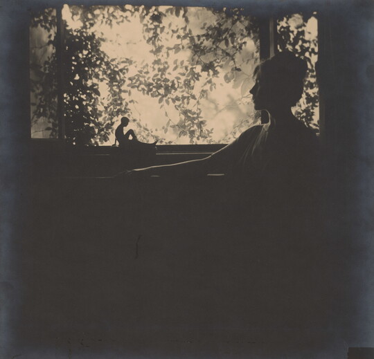 A black-and-white photograph of a silhouette of a woman in profile in front of a garden window.