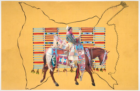 A color photograph of an Indigenous woman in traditional dress riding a horse, overlaid onto a beaded cultural object all on a yellow background.
