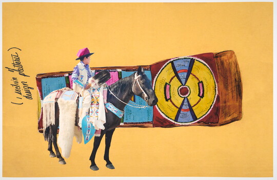 A color photograph of a Native American boy in traditional dress on horseback, overlaid onto a beaded cultural object and text that reads "(1 section of design pattern)," all on a yellow background.