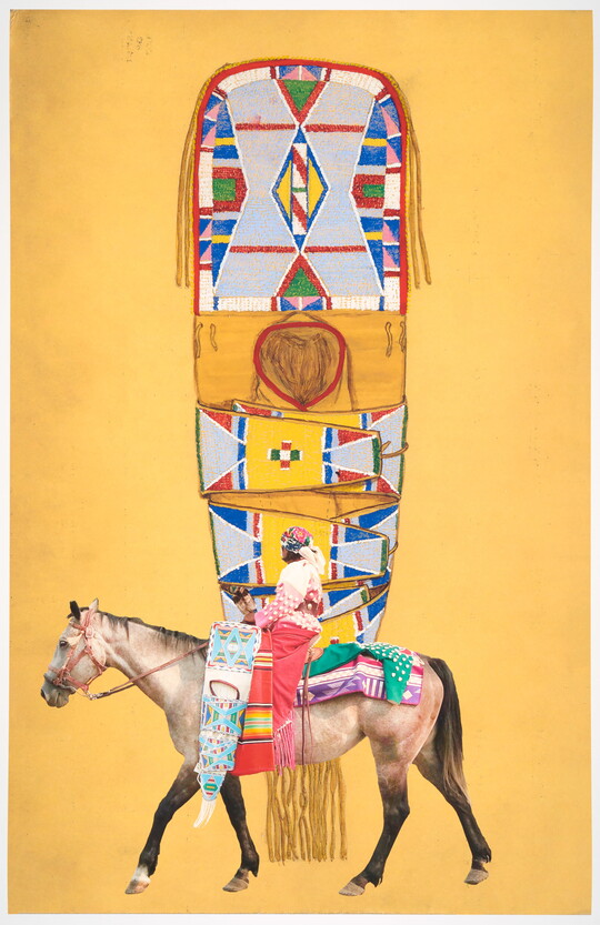 A color photograph of a Native American woman in traditional dress on horseback, overlaid onto a decorative, cultural object against a yellow background.