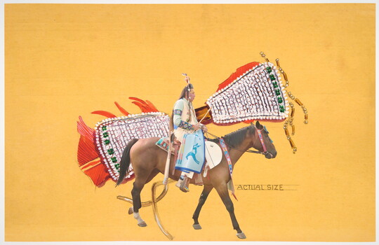 A color photograph of a Native American man in traditional dress on horseback, overlaid onto a beaded cultural object all against a yellow background.
