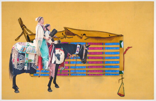 A color photograph of a Native American woman and child in traditional dress on horseback, overlaid onto a decorative cultural object against a yellow background.