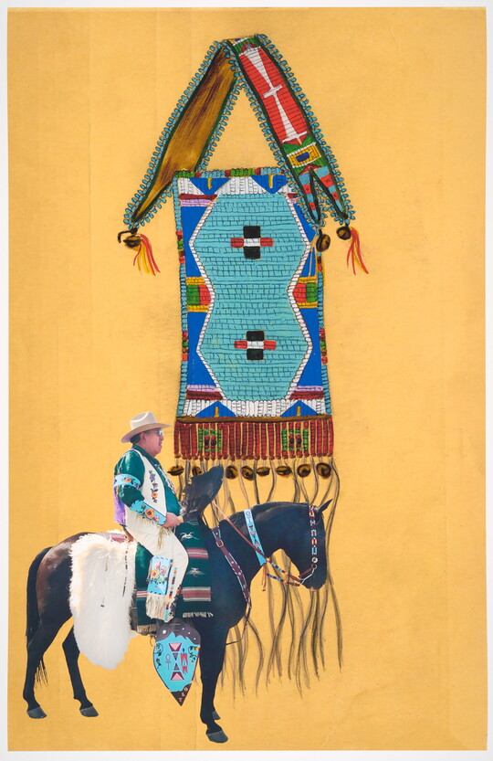 A color photograph of an older Indigenous man on horseback dressed in a vest and chaps with colorful beadwork; an enlarged example of the beadwork in the background.