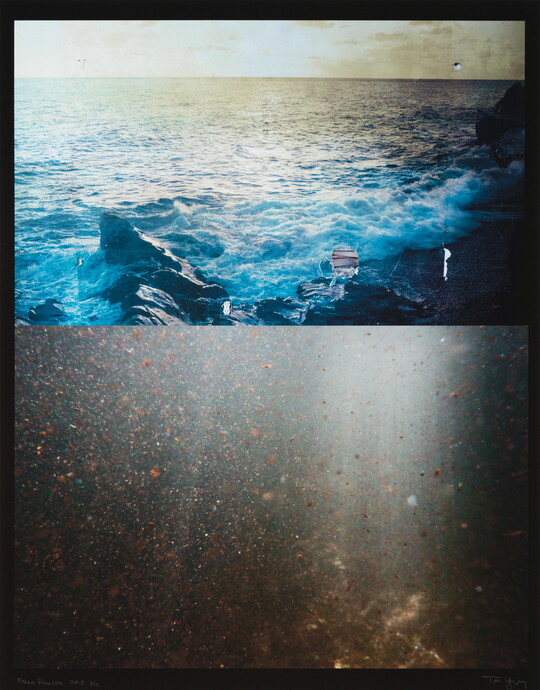Two color photographs, one above the other; the top image is of blue waves crashing on a rocky shoreline, the bottom image is sunlight shining through brown water.