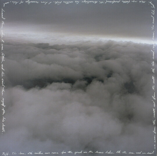 A square, monochromatic photograph of clouds seen from above with the title words written in white around the perimeter.