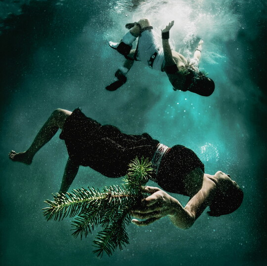 A color photograph of two people in Indigenous cultural dress floating under water.