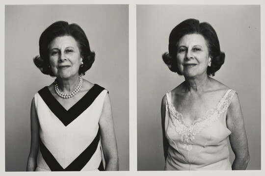 Two side-by-side black-and-white photographs of a White woman in the same pose: on the left, in a nice dress and jewelry, and on the right, in a slip and no jewelry.