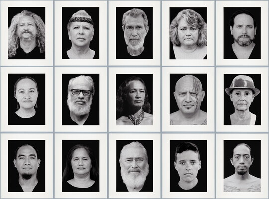 A black-and-white photograph made up of three rows of five portraits of Indigenous people of a variety of ages.