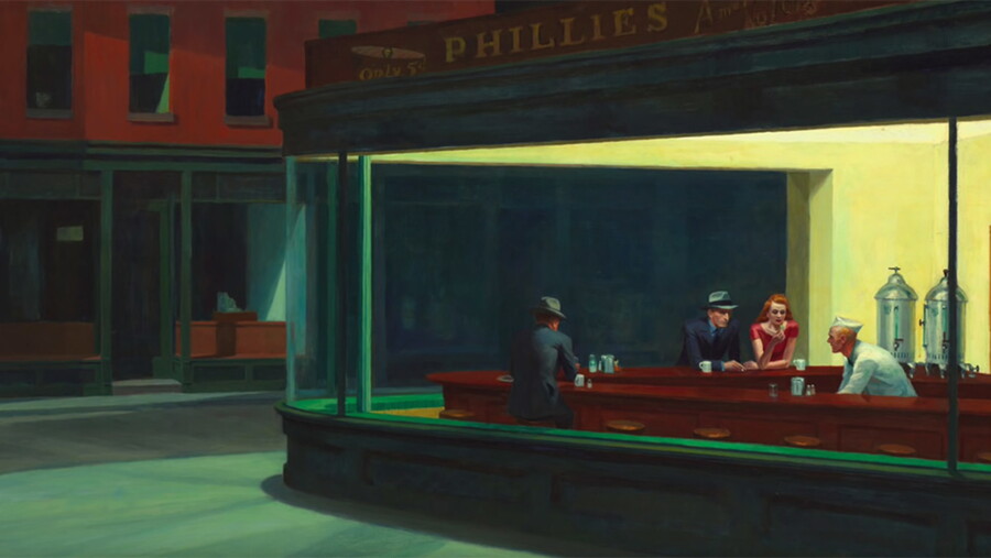 An oil painting of a corner bar at night, showing through the windows three patrons at the bar and a bartender at work.