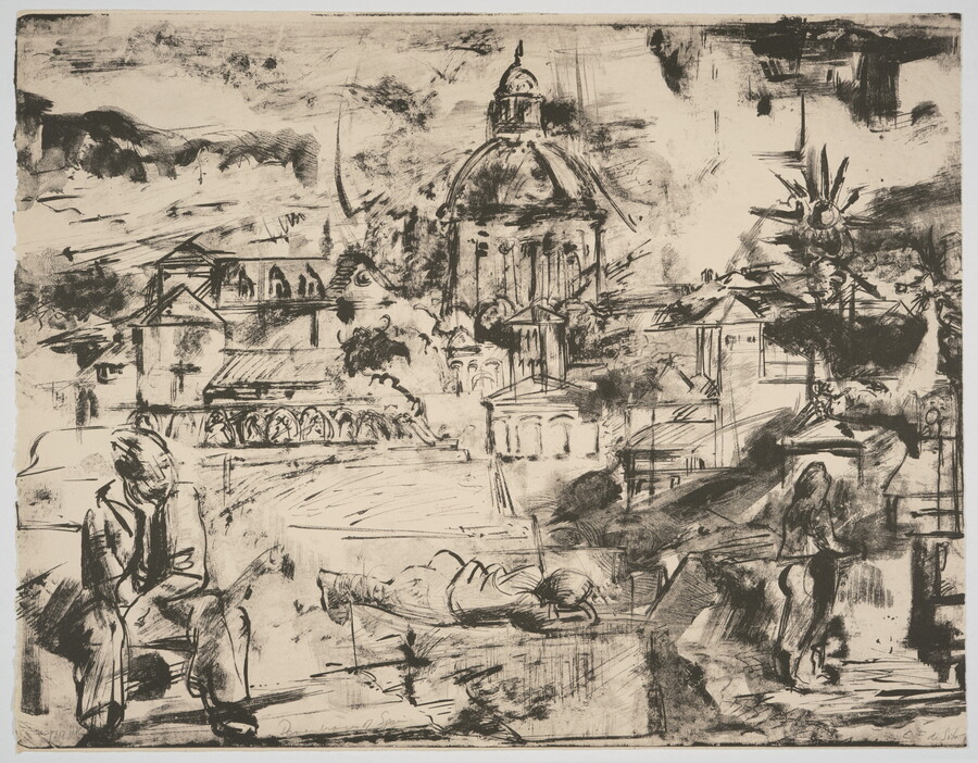 A black-and-white print of a cityscape, buildings, a monument, and people including a man sitting on a bench and a person lying down, all in a sketchy style.