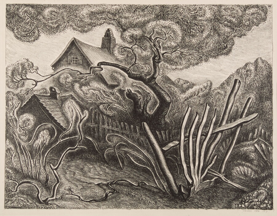 A black-and-white print of a house behind a picket fence with trees, grass, and flowers beginning to unfurl into spring.