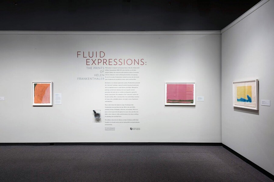 View of gallery showing three framed prints hanging on white walls; exhibition title and introductory text is between two of the prints.