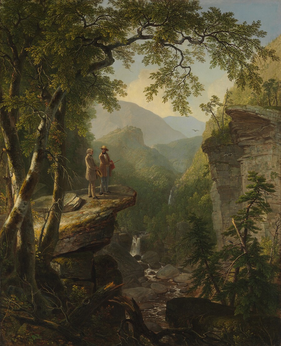 Painting showing two men standing on a large rock looking out over a wooded, mountainous landscape; below them and in the distance is a waterfall and a river.