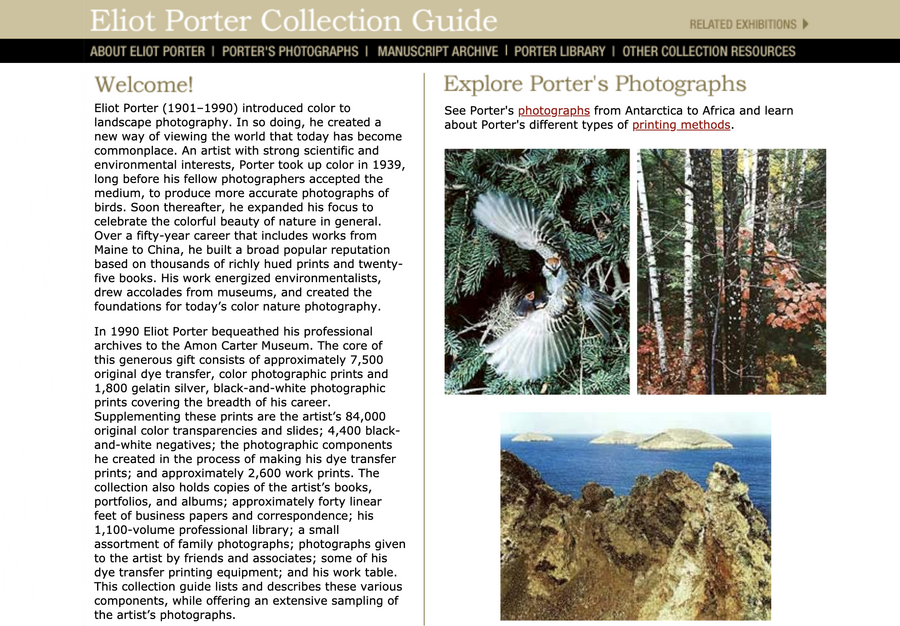 Screenshot from the Eliot Porter Collection Guide website.