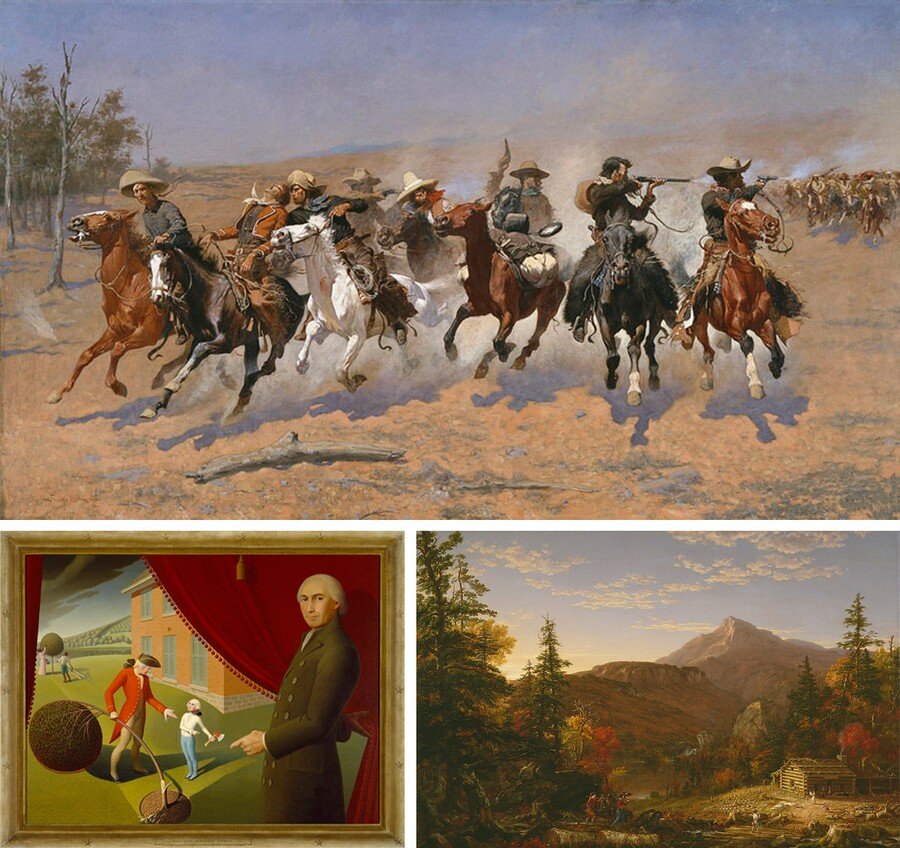 Collaged image of three artworks: The top one shows cowboys riding running horses; bottom left show a young George Washington chopping down a cherry tree; bottom right shows a mountainous landscape scene.