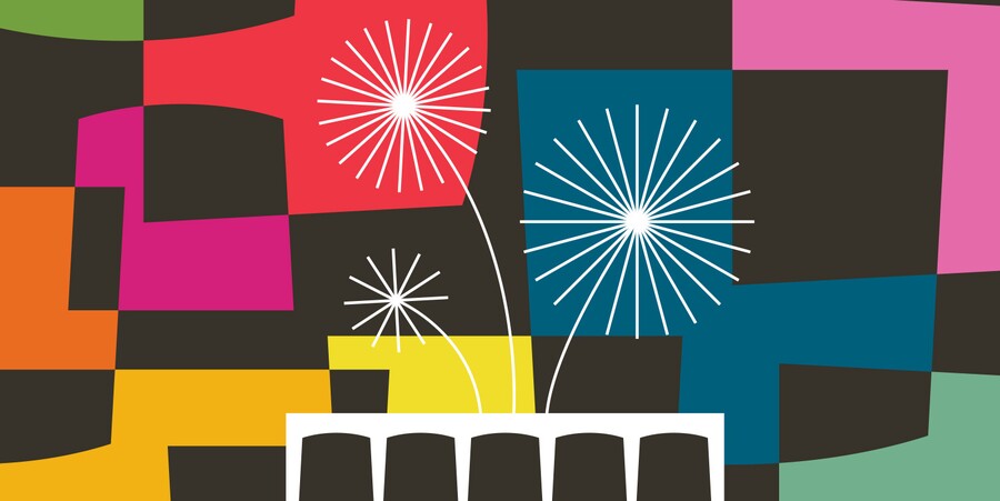 A white silhouette of the Carter building on a multicolored background with stylized fireworks in the sky.