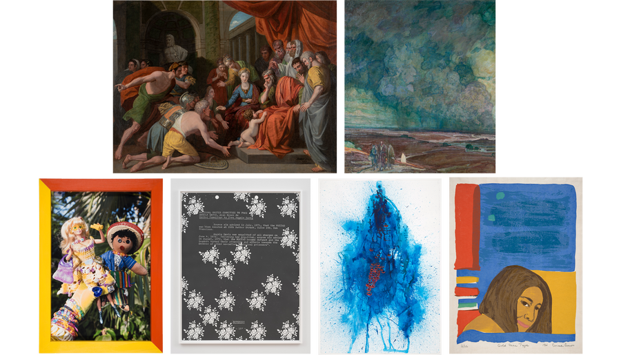A collage of six artworks: a painting of a group of people in a temple; a painting of a cloudy landscape; a photograph of two dolls; a black-and-white print; an abstract color print; an abstract painting of a woman&#039;s head.