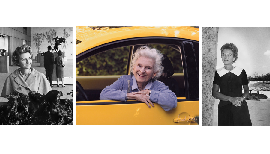 A collage of three photos (L-R): A black-and-white photo of a White woman in the Carter&#039;s main gallery; a smiling elderly White woman leans out of a car window; A black-and-white photo of a young White woman leaning against a pillar on the Museum&#039;s façade.