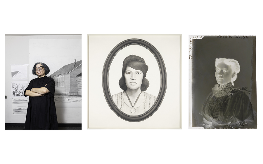 A collage of three images (L-R): A photograph of a Black woman, a graphite drawing of a Black woman, a photographic negative of a Black woman.