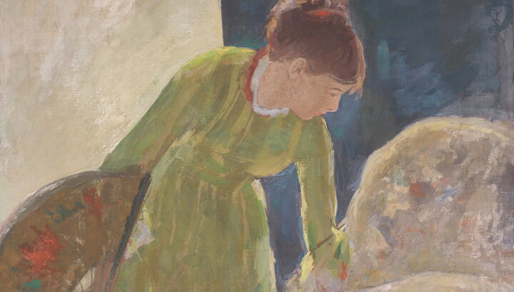 A detail of a painting of a woman in a green dress holding a fan and bending to arrange the train of her dress.