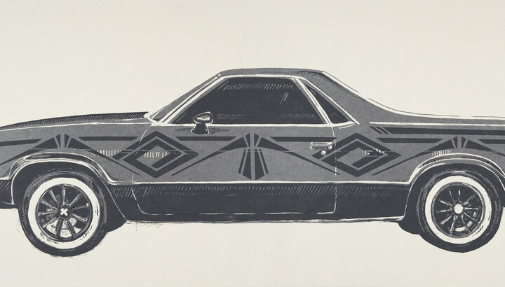 A detail of a black-and-white print of an El Camino-like car, shown from the sides, with Native American designs on the doors and fenders.