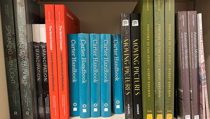 A bookshelf of coffee-table books about American art.