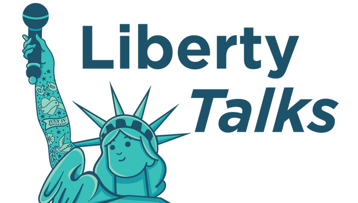 A cartoon-like graphic of the Statue of Liberty holding up a microphone showing her tattooed arm.