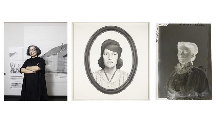 A collage of three images (L-R): A photograph of a Black woman, a graphite drawing of a Black woman, a photographic negative of a Black woman.