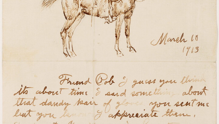 A watercolor illustration in brown of a cowboy on a horse above a letter written in cursive.
