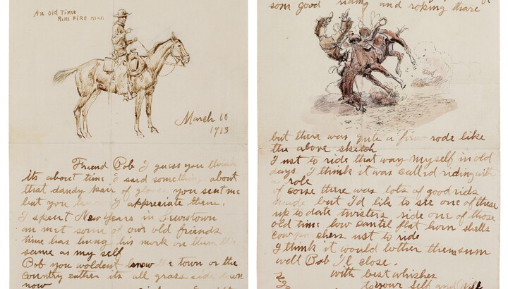 Page 1: A watercolor illustration in brown of a cowboy on a horse above a letter written in cursive; and Page 2: a handwritten letter with a watercolor drawing of a cowboy being thrown head-over-heels off a bucking horse.