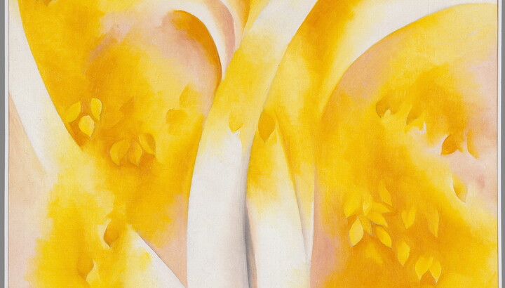 An abstract oil painting of the branches of a white birch tree with yellow leaves.
