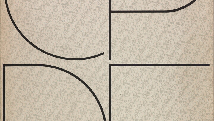 A black-and-white photograph of a print with large, thin capital letters C and P on top, and D and E on the bottom.