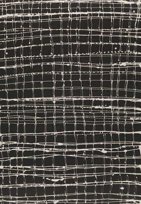 An abstract black-and-white print of a grid of white lines on a black background.