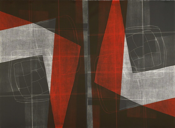An abstract, geometric print in red, black, and gray.