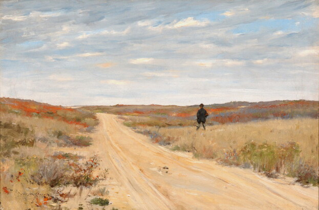 An oil painting of a dirt road cutting through a colorful prairie landscape under a cloudy sky, and a human figure wearing black standing just off the road.