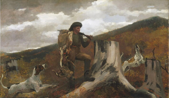 An oil painting of a White boy resting a foot on a log, a dead deer slung over his shoulders and carrying a rifle, as two dogs run near him. 