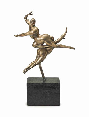 A bronze sculpture of two nude women leaping with arms and legs out in different directions.