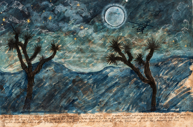 A watercolor painting of two helicopters, cockpits shaped like skulls, flying through a night sky toward two large Joshua trees, and several lines of script at the bottom.