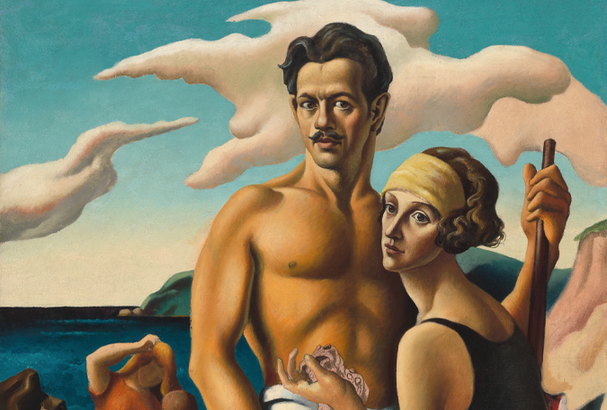 A detail of an oil painting of a White man with dark hair, mustache, shirtless, standing next to a seated White woman in a black bathing suit with children playing on a beach in the background.
