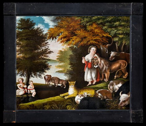 An oil painting of a tree-covered hill with three White children in white dresses surrounded by animals: lions, cows, leopards, wolves, goats, and pigs.