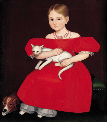 An oil painting of a seated young White girl in a red dress with puffy sleeves holding white cat, with a small dog lying by her feet.