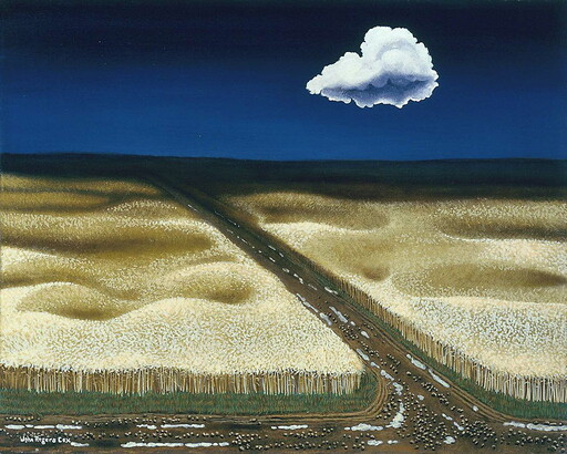 An oil painting of two yellow fields bisected by a dirt road; a single white cloud hovers in a dark blue sky.