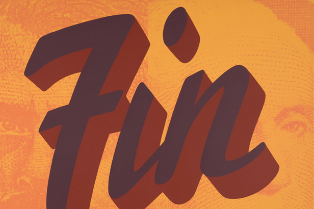 A color print of the word &quot;Fin&quot; written in cursive over faint images of two faces on an orange background; a red and black snake in the lower right corner.