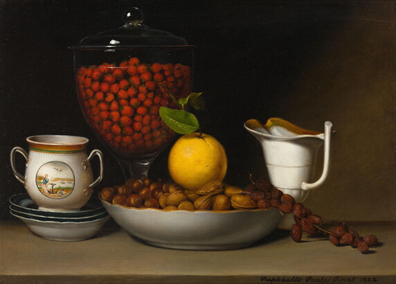 An oil painting still life depicting a glass jar of strawberries, a porcelain bowl of nuts with an orange sitting on top, and porcelain jugs and bowls.