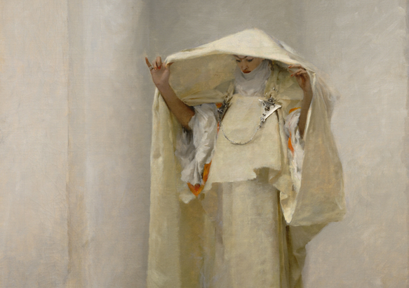 A detail of an oil painting of a standing White woman wearing elaborate white clothing and holding the hood out over her head to catch the smoke from a lamp on the floor in front of her.