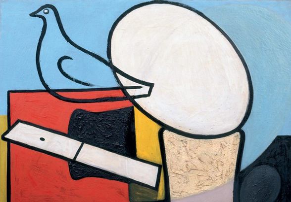 An oil painting in an abstract style of a large white egg sitting on top of a glass next to the outline of a bird sitting on a red box.