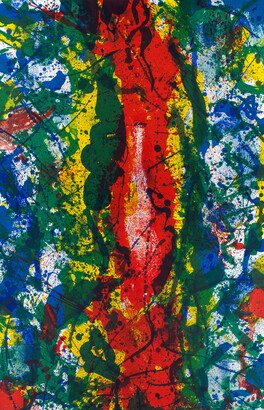 A colorful abstract print with splotches and swaths of color in blue, green, yellow, and a large red swath from top to bottom in the center.