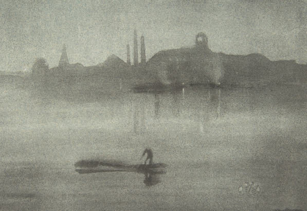 A black-and-white print of the silhouette of a city just beyond a foggy river on which a person paddles a canoe.