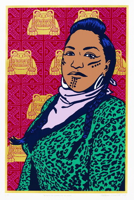 A color print of an Indigenous woman with long braids wearing a green leopard print top in front of a pink and yellow graphic background.